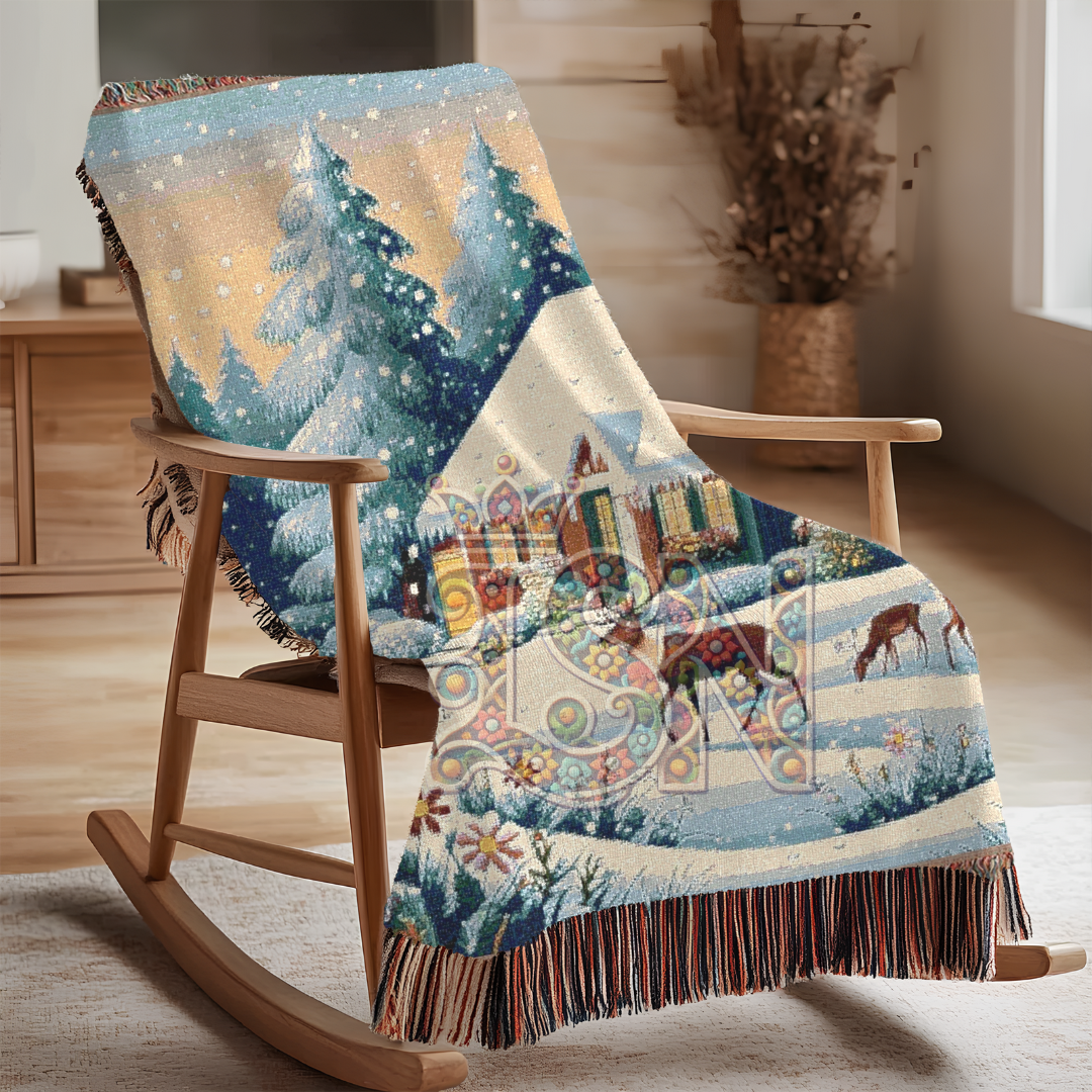 Winter’s Quiet Grace Nordic Folk Art Snowy Cabin Woven Blanket – Cozy 100% Cotton Throw
