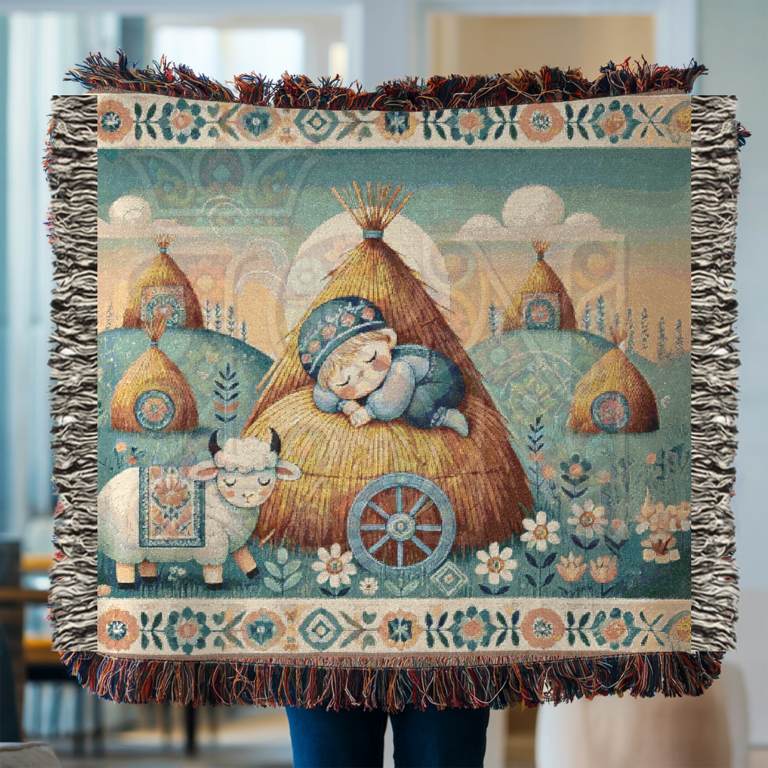 Little Boy Blue Inspired Cozy Farm Woven Blanket – 100% Cotton Tapestry Throw – Sleeping Boy & Sheep Pastoral Scene, Rustic Country Decor, Folk Art Style