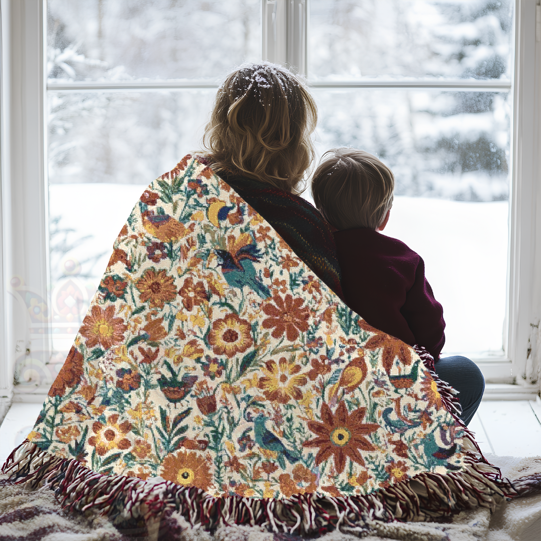 Botanical Garden Woven Blanket, 100% Cotton Tapestry Throw with Vintage Floral & Bird Pattern, Nature-Inspired Home Decor