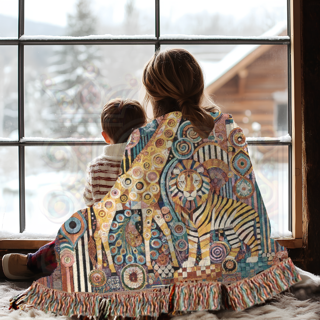 Abstract Safari Animal Woven Blanket – Giraffe, Lion & Zebra Boho Tapestry, Vibrant Folk Art Wildlife Decor, Cozy Jungle-Inspired Throw