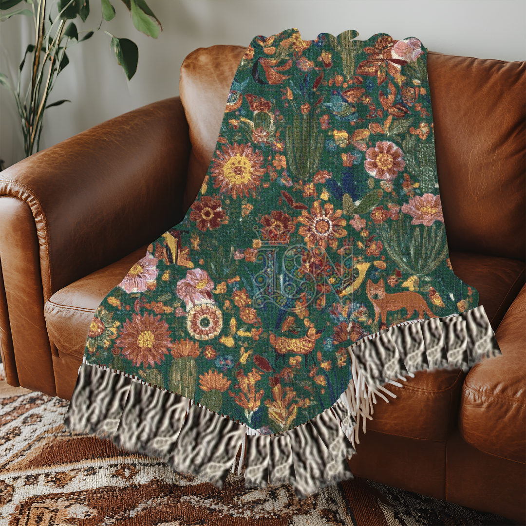 Vibrant Mexican Folk Art Woven Blanket in Green | Cacti, Birds, and Flowers Design