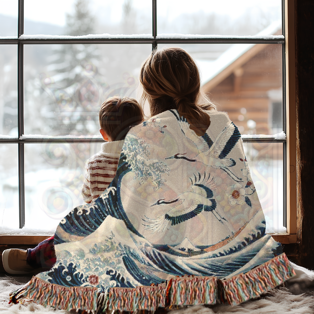 Japanese Wave & Crane Woven Blanket – 100% Cotton Tapestry Elegant Ocean Throw, Traditional Art Home Decor, Ukiyo-e Inspired Gift