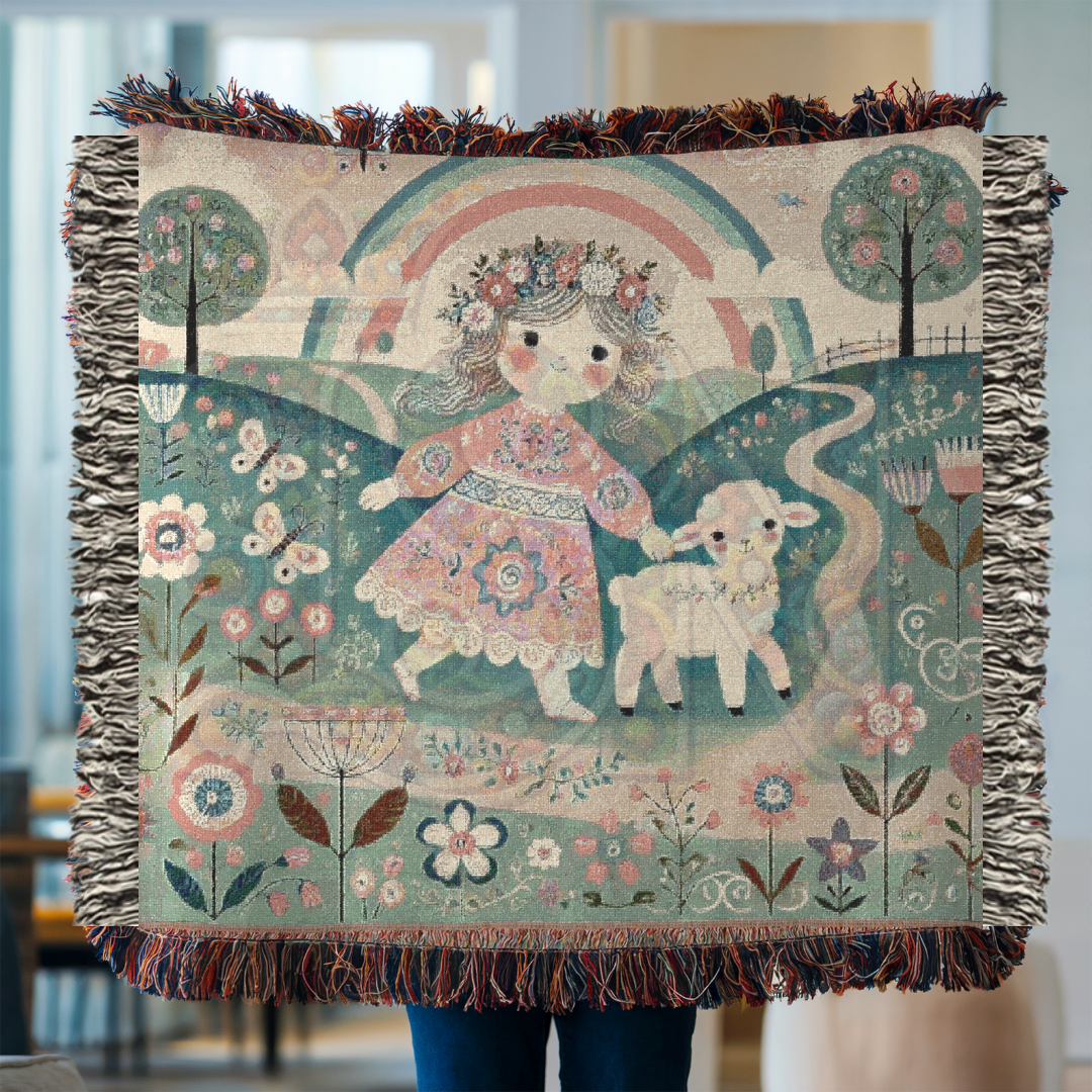 Mary Had a Little Lamb Woven Blanket, Light Pastel Fairytale Cotton Tapestry Throw