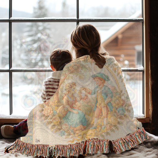 Pastel French Romance Woven Blanket – 100% Cotton Tapestry Throw with Courting Scene for Cottagecore or French Country Home Decor