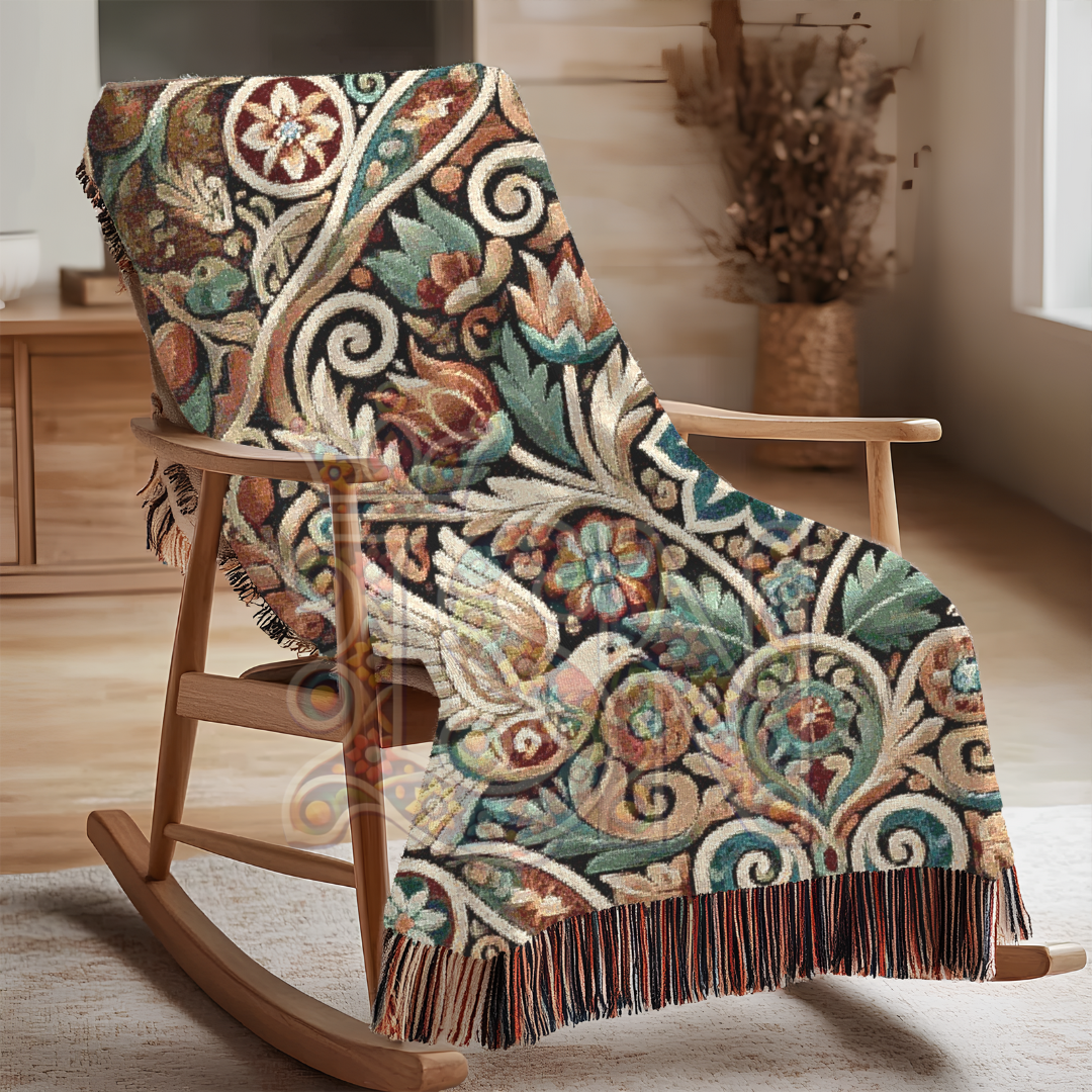 Peaceful Harmony Folk Art Dove Woven Blanket – Elegant Ornate Throw with Symbolic Doves & Garden Motifs