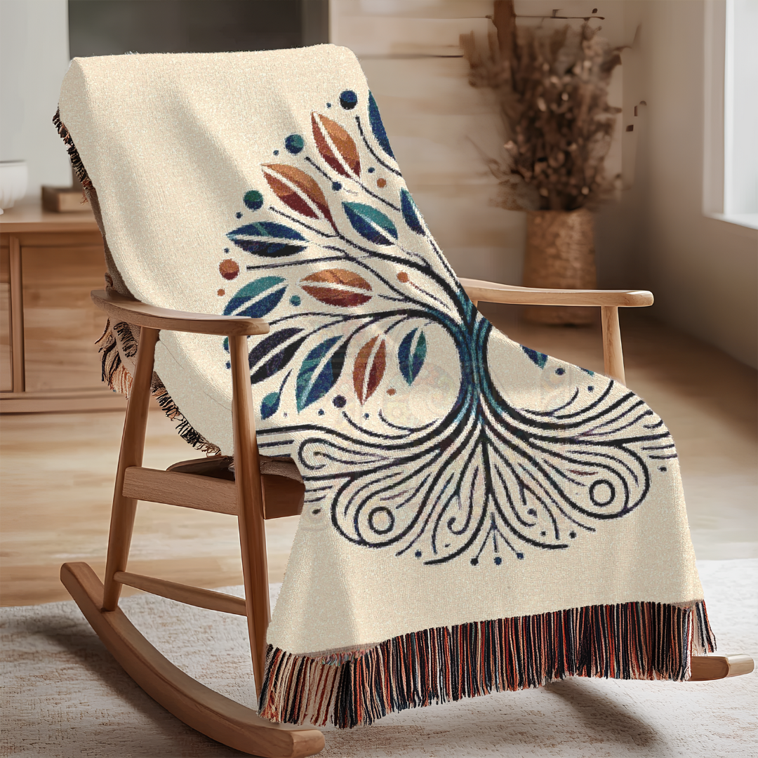 Tree of Life Woven Throw Blanket – Nature-Inspired Cotton Tapestry in Blue & Rust