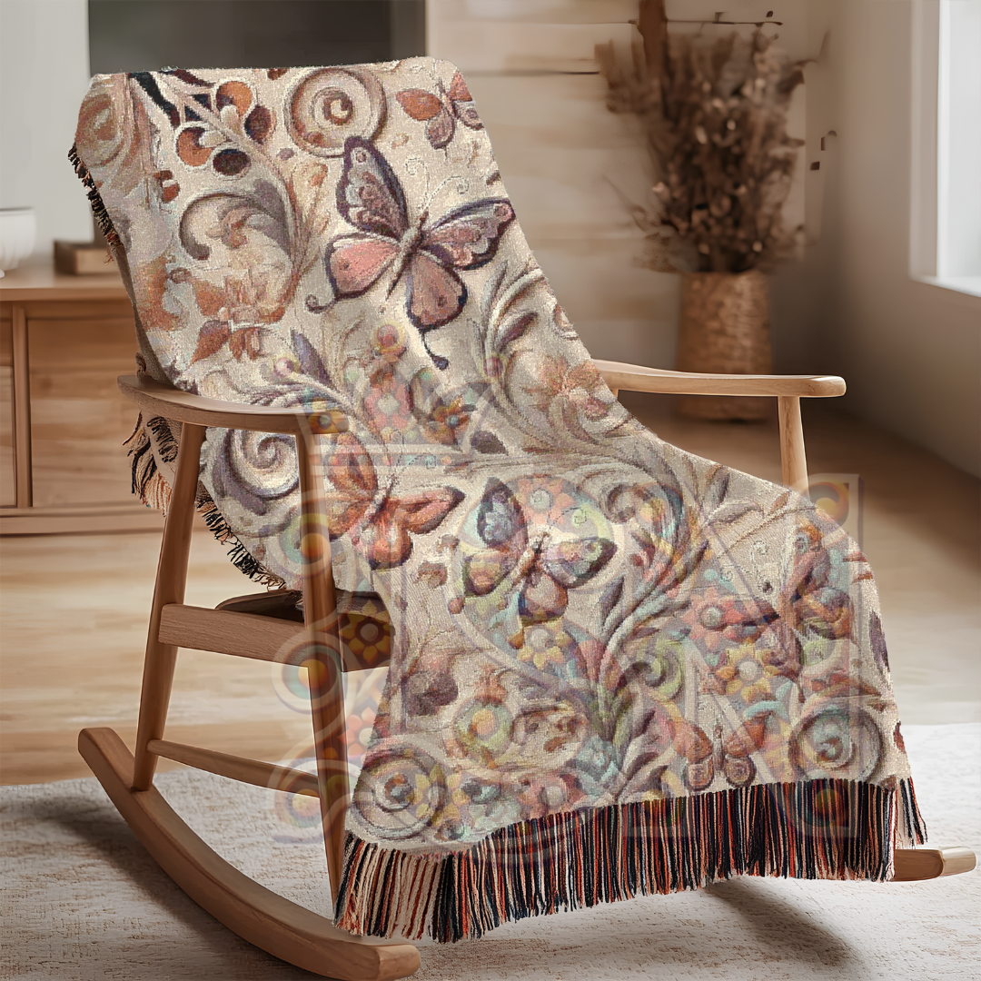 Whispers of Wings Butterfly Garden Woven Blanket – Elegant Folk Art Throw with Butterflies & Floral Motifs for Home & Gift