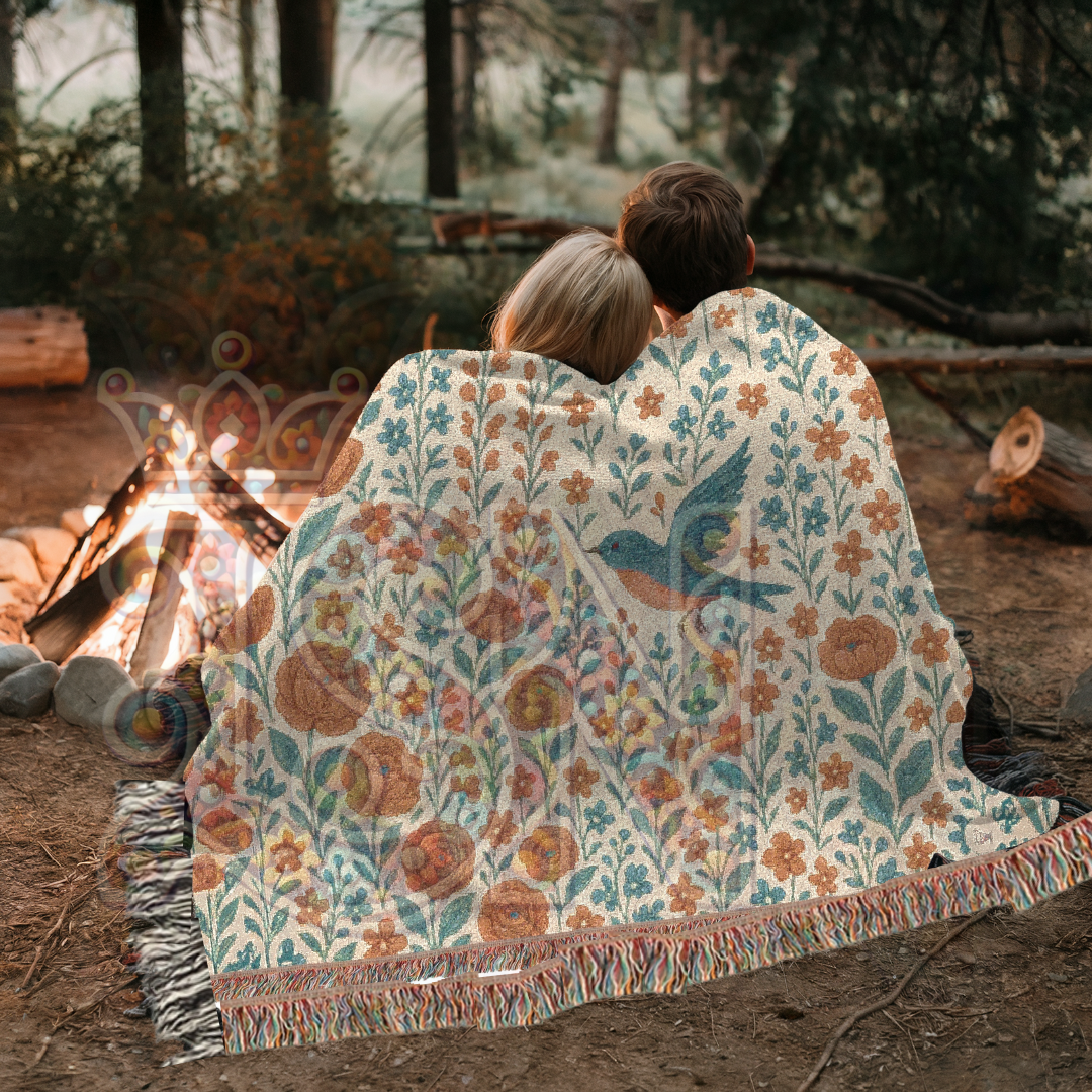 Bluebird’s Garden Woven Blanket – Fairycore Floral Throw, Cozy Nature-Inspired Nursery Decor
