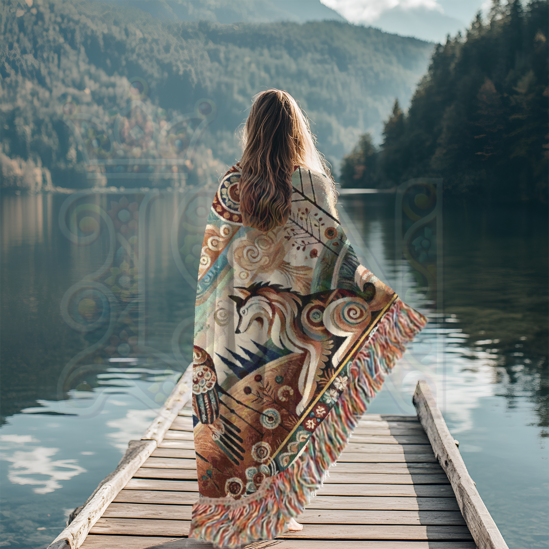 Boho Mystical Wolf & Crane Tapestry Blanket – Inspired by Aesop's Fables - Folk Art Nature Woven Throw, Whimsical Animal Decor for Dreamy Homes & Cozy Spaces