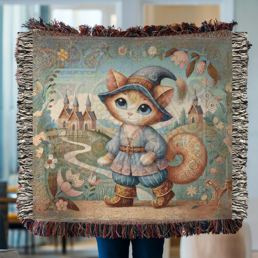 Whimsical Cat Woven Blanket – Fairytale Male Feline in Medieval Village | Cozy Storybook Tapestry Throw for Cottagecore & Boho Home Decor