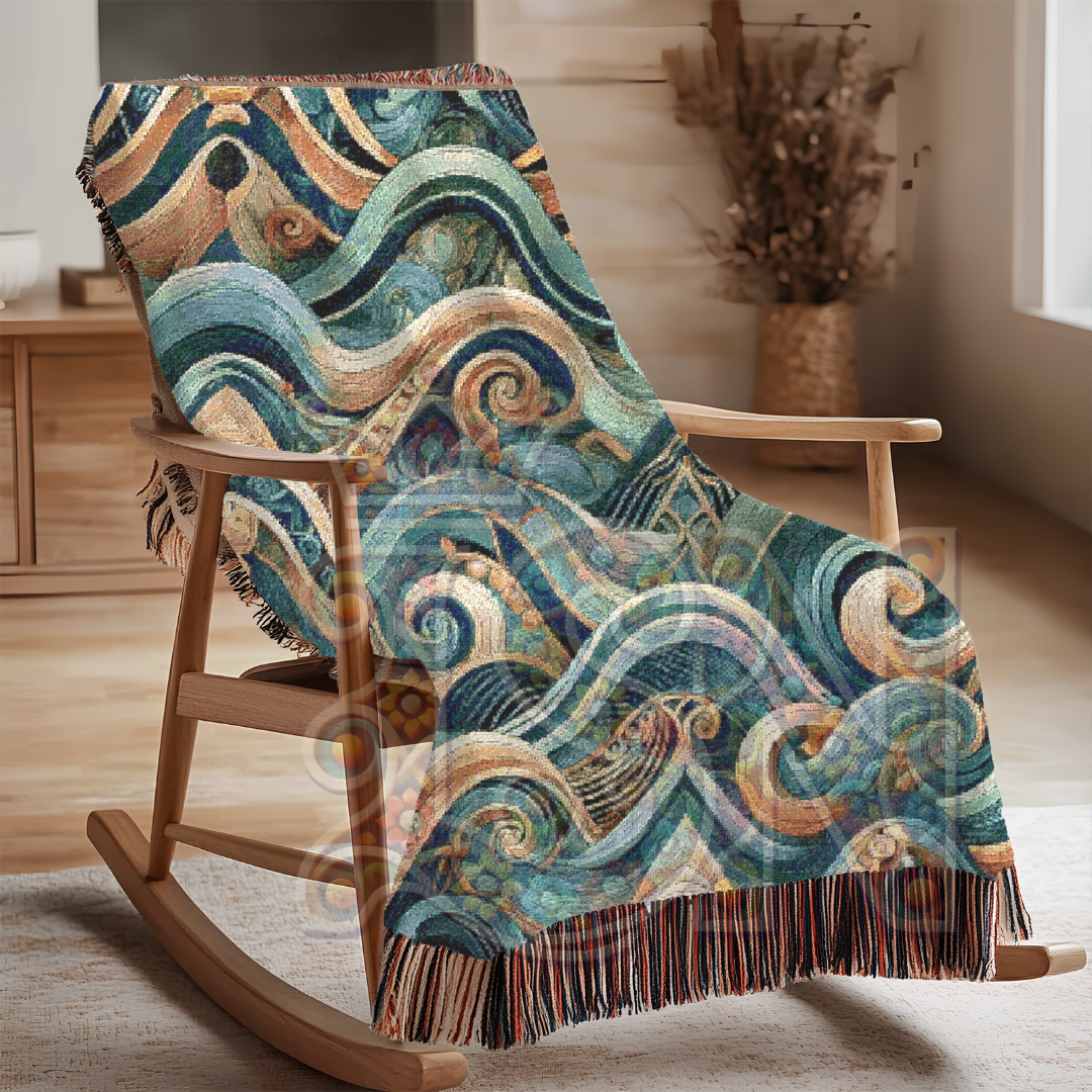 Abstract Ocean Waves Woven Throw Blanket – Tribal Inspired Cotton Tapestry