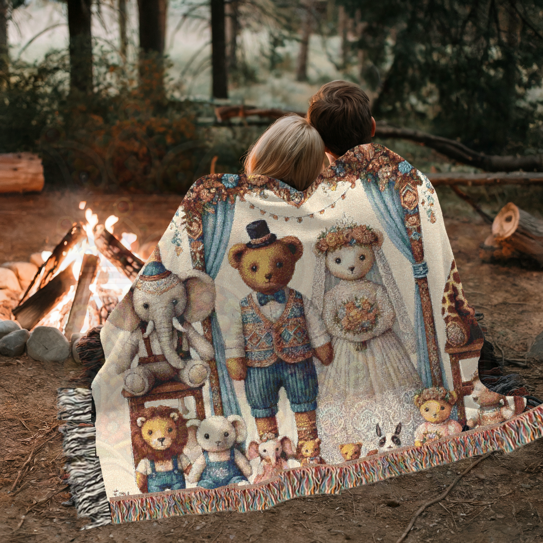 Teddy Bear Wedding Woven Blanket – 100% Cotton Vintage-Inspired Throw for Nursery, Wedding Gift, & Cozy Home Decor | Heirloom Tapestry for Storybook Lovers
