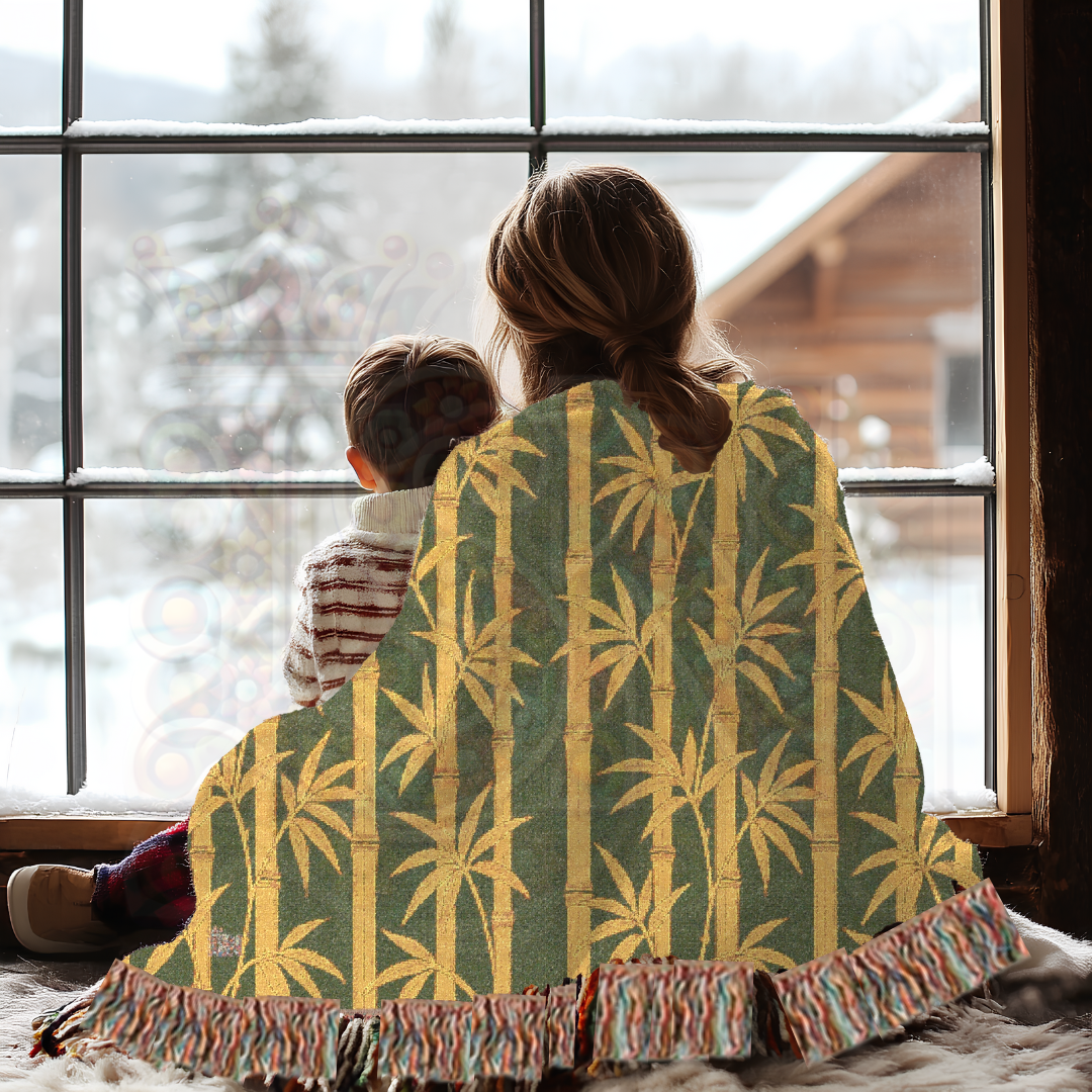 Golden Grove – Earth-Toned Bamboo Woven Throw Blanket in Gold and Green