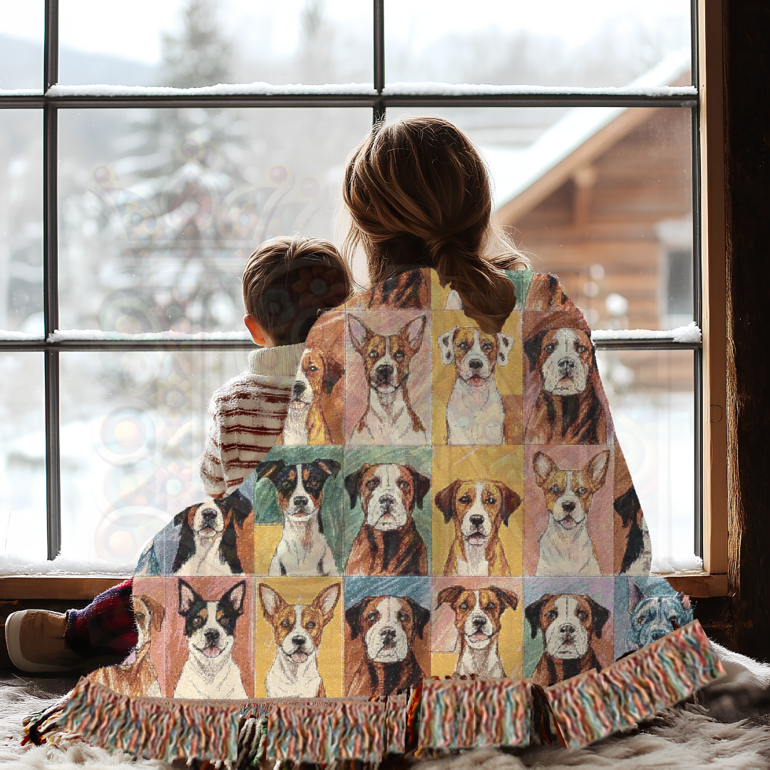 Dog Lover’s Portrait Blanket – Colorful Dog Breeds in Folk Art Style, 100% Cotton Woven Throw for Home Decor
