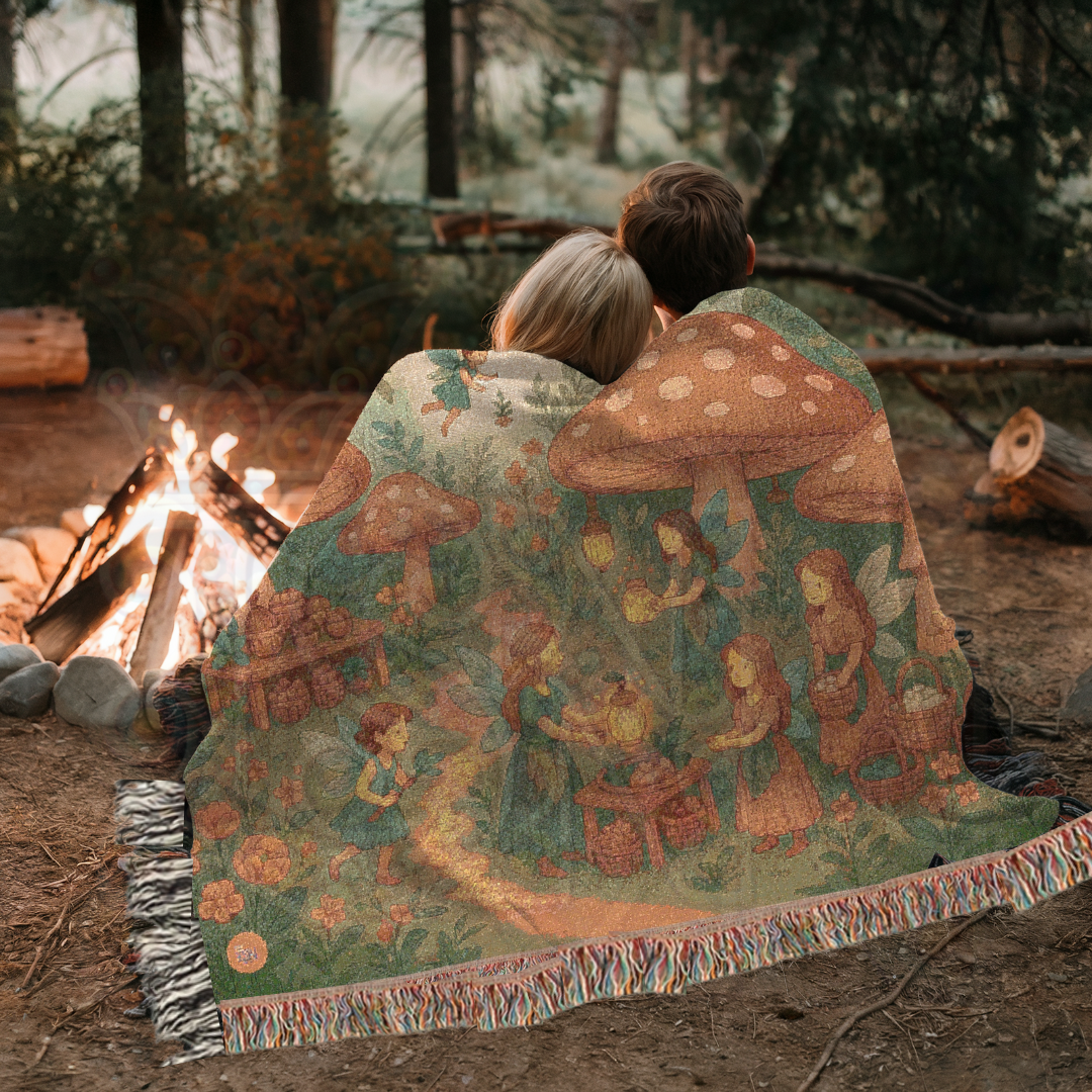 Mushroom Fairy Market Whimsical Fairycore Forest Gathering Woven Blanket – Magical Throw
