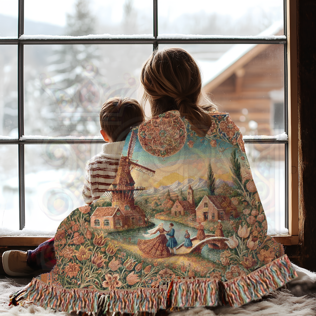 Dutch Countryside Woven Blanket – 100% Cotton, Windmill Tapestry, Vintage Farmhouse Decor, Rustic European Throw, Cozy Heritage Gift