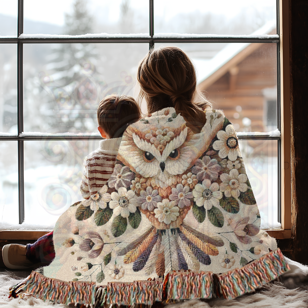 Floral Owl Woven Blanket – Cottagecore Boho Throw, 100% Cotton, Nature-Inspired Home Decor, Cozy Gift for Bird Lovers