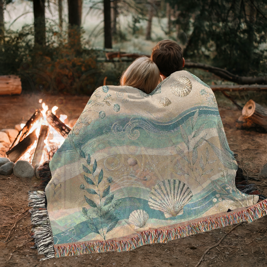 Coastal Woven Blanket – 100% Cotton Nautical Throw | Beach House Tapestry | Ocean-Inspired Shell & Seaweed Decor | Boho Coastal Gift