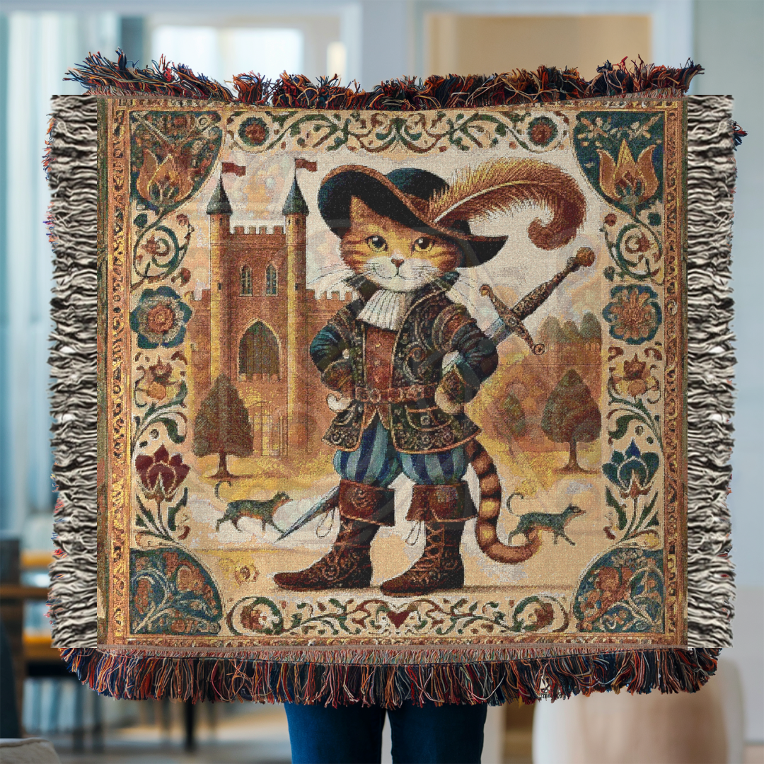 Puss in Boots Woven Blanket - 100% Cotton Tapestry Throw, Fairy Tale Cat Decor, Medieval Castle Art, Whimsical Vintage Gift