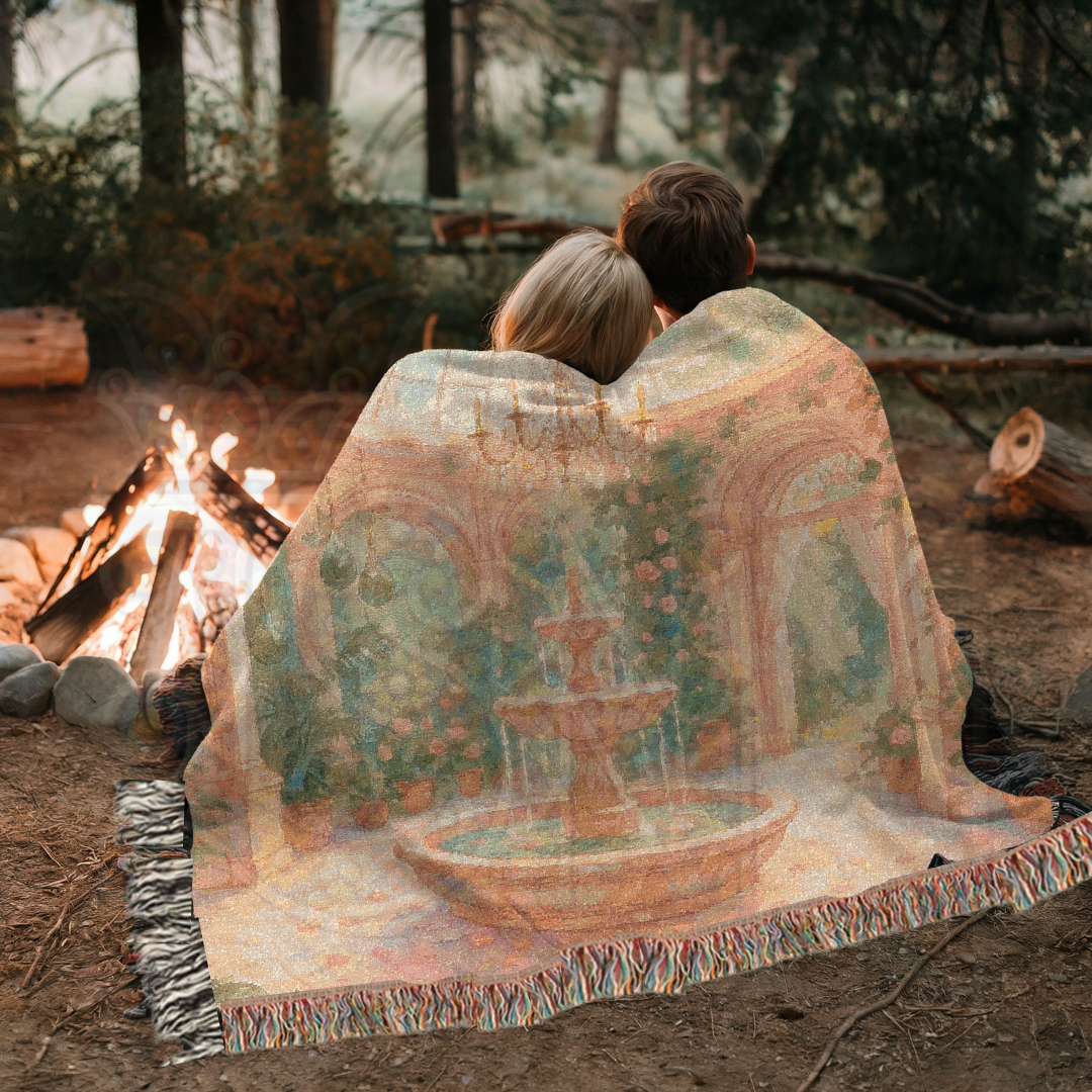 Sunlit Rose Garden Fairycore Woven Blanket – Enchanted Courtyard Throw