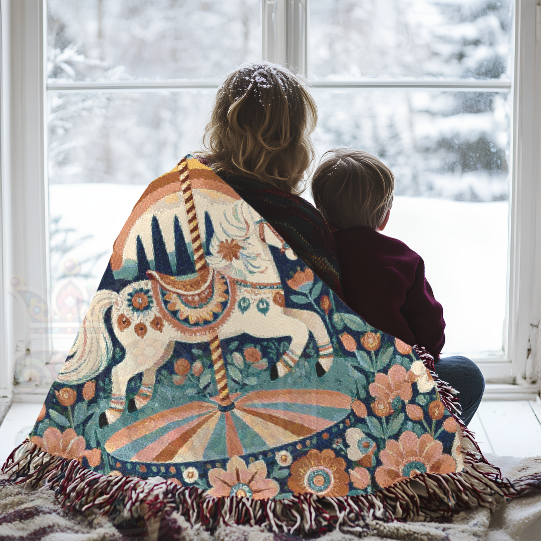 The Midnight Carousel – Folk Art Woven Throw Blanket with Carnival Horse and Florals