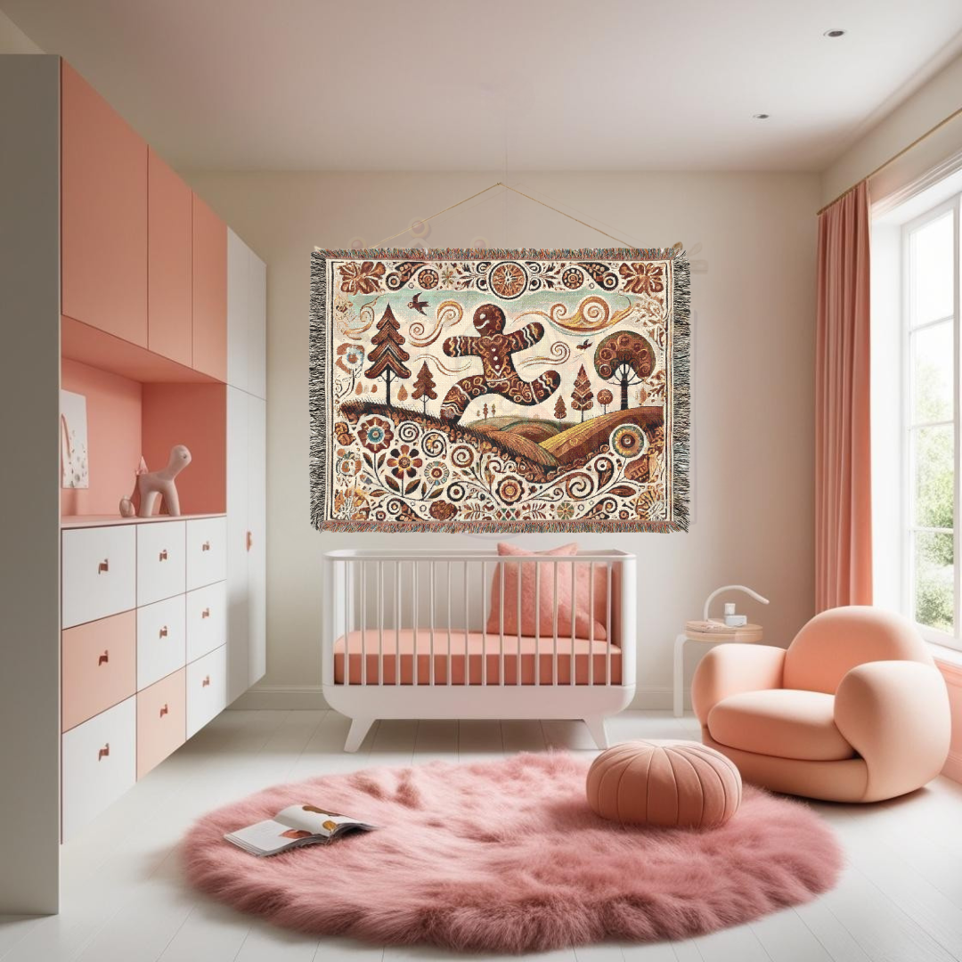 Whimsical Gingerbread Village Woven Blanket – Cozy Folk Art