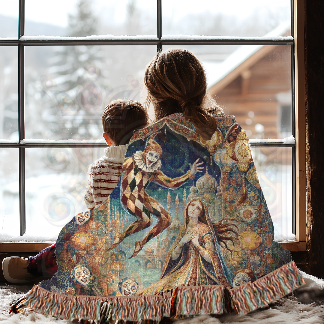 Enchanting Harlequin & Maiden Woven Blanket – 100% Cotton, Fantasy Tapestry, Bohemian Home Decor, Gothic Art Throw, Unique Gift