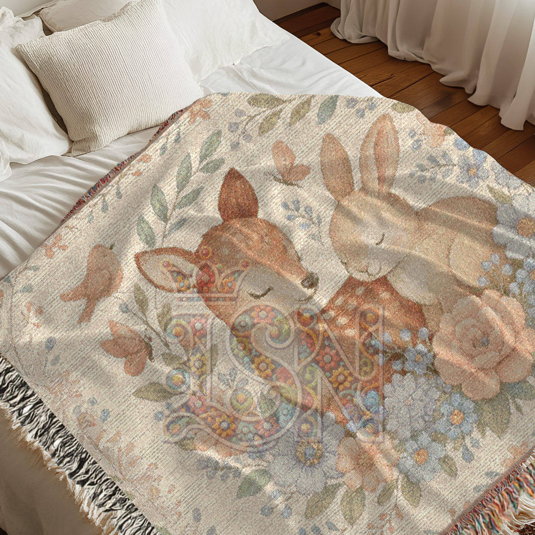 Tender Friends Nursery Gentle Deer & Bunny Floral Woven Blanket – Cozy 100% Cotton Baby Throw