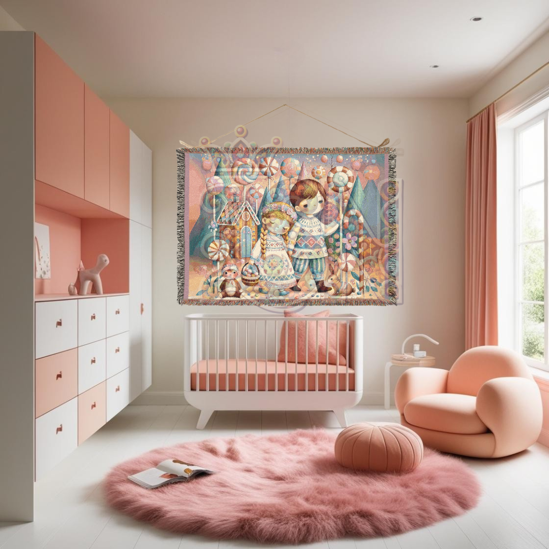 Hansel & Gretel Inspired Enchanted Candyland Village – Fairytale Woven Blanket