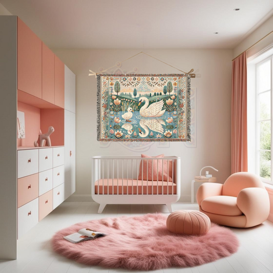 Enchanting Swan & Duckling Woven Throw Blanket – Nature-Inspired, Folk Art-Inspired Cozy Home Décor
