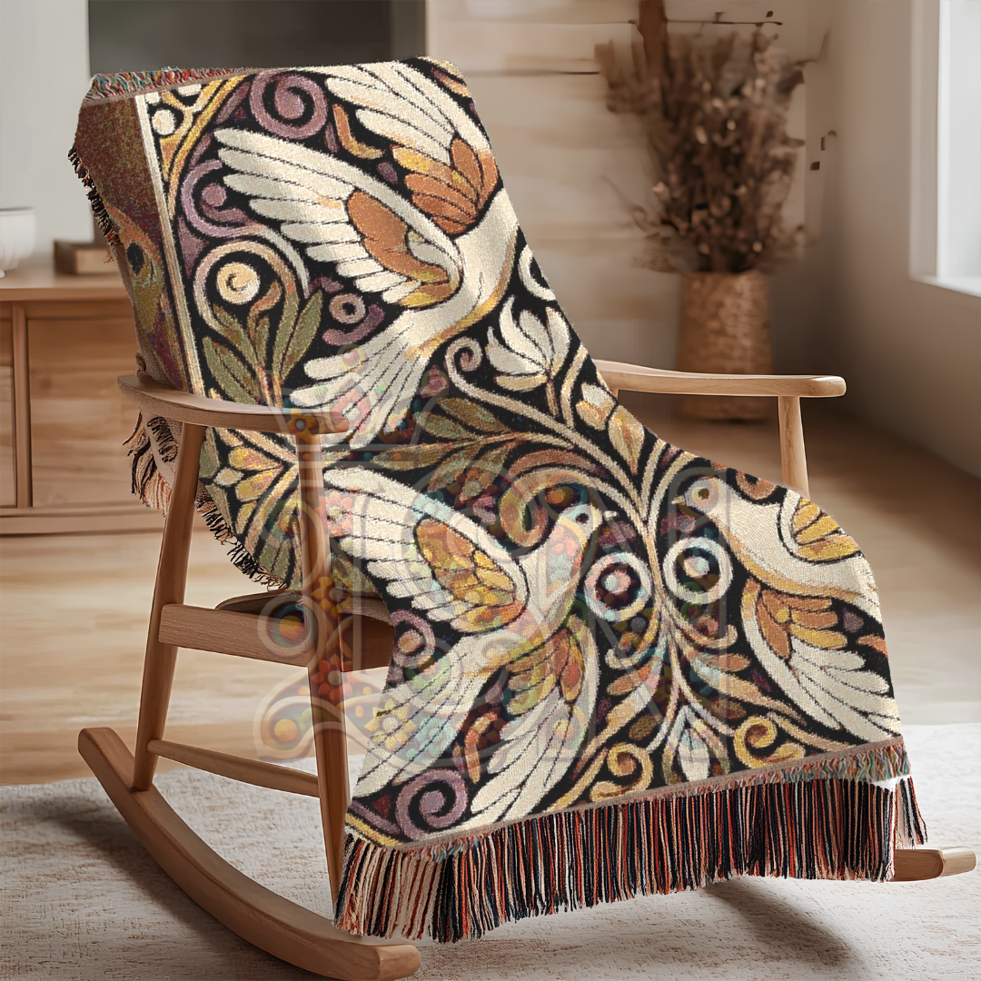 Four Doves Harmony Folk Art Woven Blanket – Peaceful Unity Throw with Ornamental Floral Design