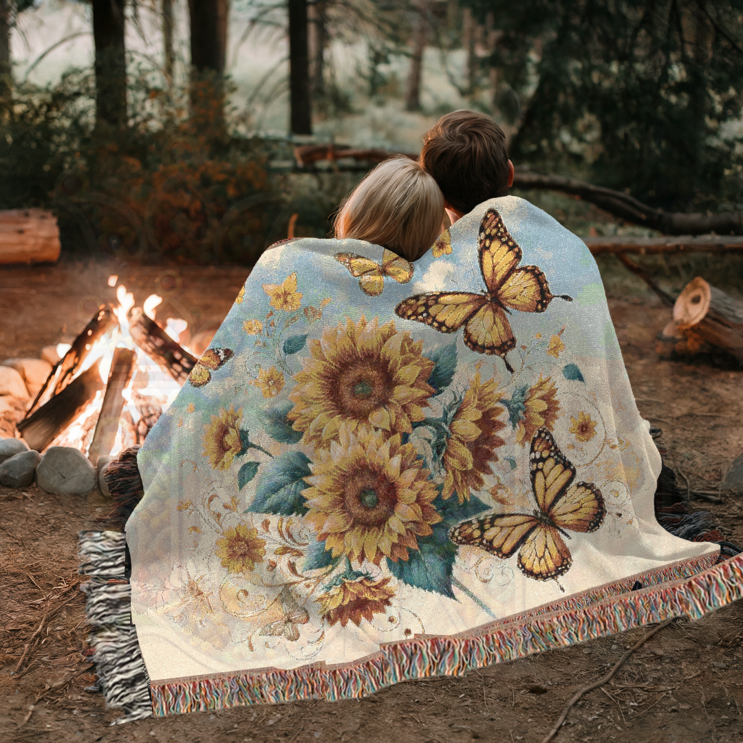 Sunflower Butterfly Woven Blanket – 100% Cotton Boho Throw 🌻 Cozy Cottagecore Tapestry, Nature-Inspired Home Decor, Rustic Farmhouse Gift