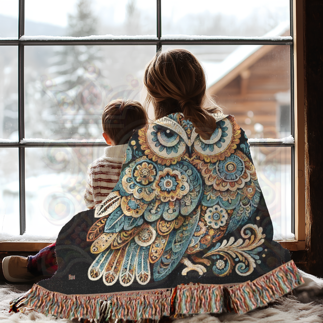 Boho Blue & Gold Owl Woven Blanket – 100% Cotton Tapestry Throw, Ornate Nature Decor, Elegant Couch Blanket, Nordic Owl Art Gift