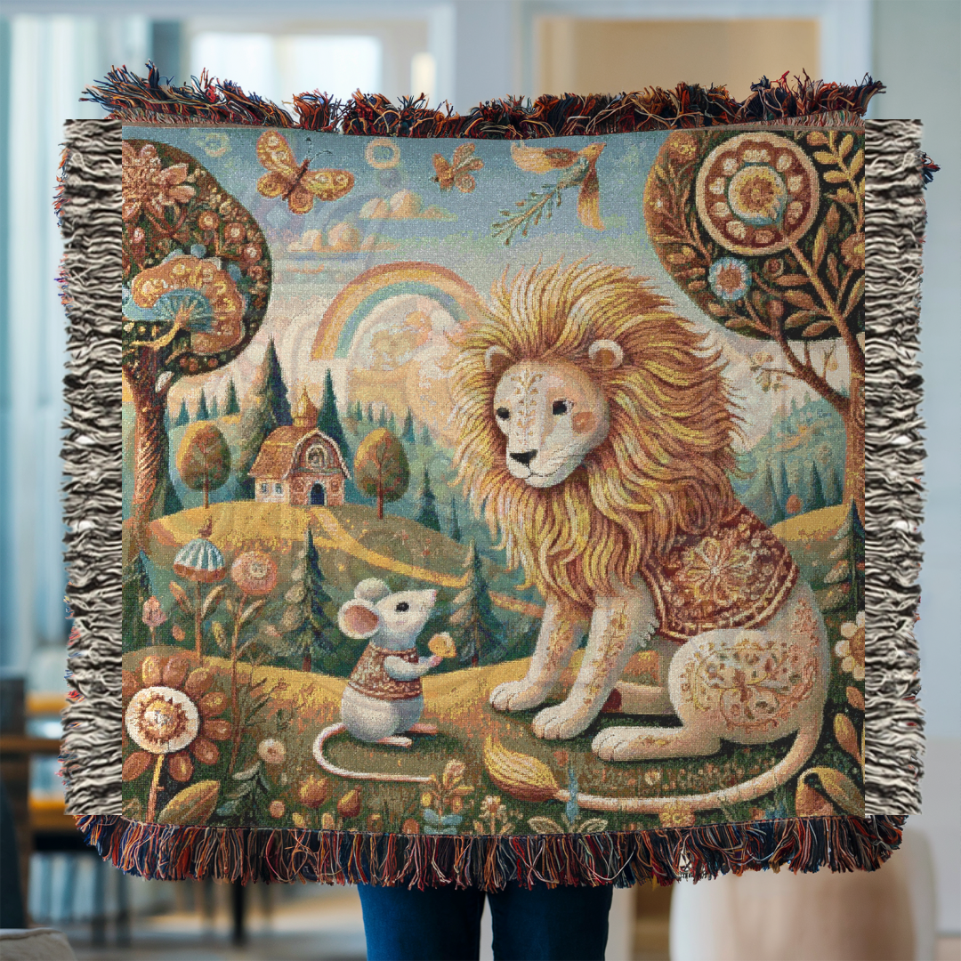 Enchanted Folk Art Woven Blanket – Storybook Lion & Mouse Tapestry | Cozy 100% Cotton Boho Woodland Throw, Nursery & Home Decor