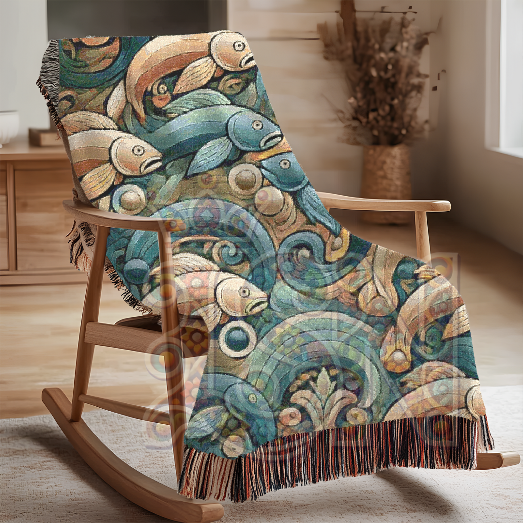 River Dance Folk Art Woven Blanket – Vibrant Fish & Flowing Water Nature-Inspired Throw