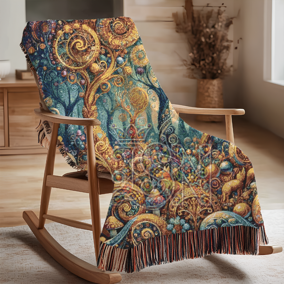 Whimsical Golden Trees – Folk Art Woodland Woven Throw Blanket