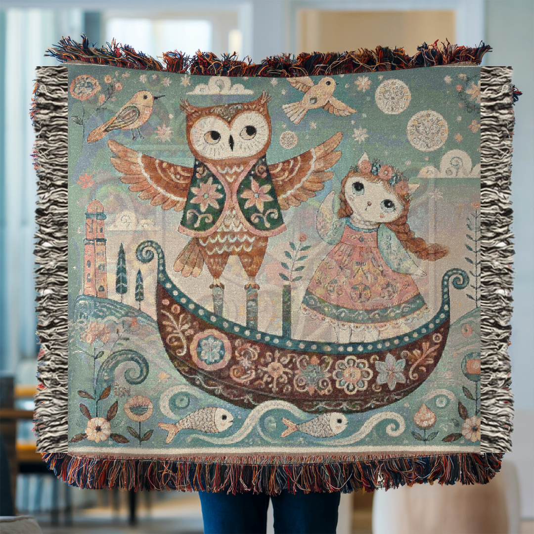 Owl & Pussycat Folk Art Woven Blanket, 100% Cotton Tapestry – Whimsical Storybook Throw, Boho Light Cottagecore Decor, Unique Gift for Dreamers