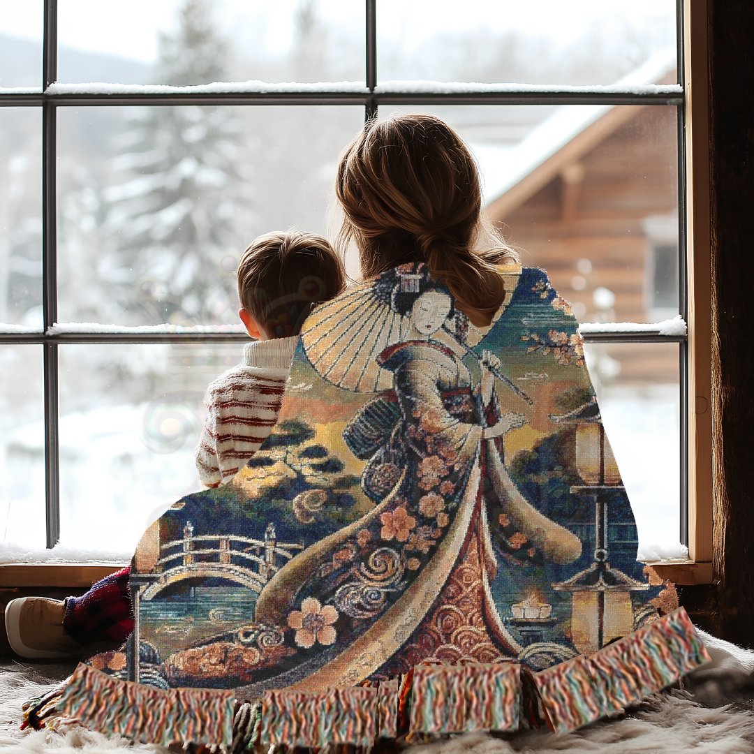 Japanese Folk Art Geisha Woman Serenity Tapestry Blanket – Elegant Japanese Art, Cherry Blossoms & Lantern Glow – Cozy & Decorative Throw