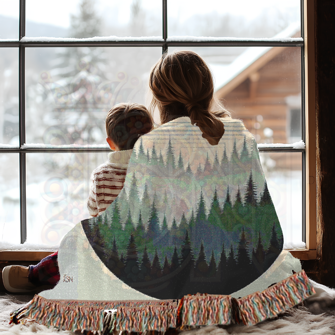 Forest Circle Minimalist Woven Blanket, Layered Woodland Pines Cozy Throw, Nature Inspired Home Decor Gift