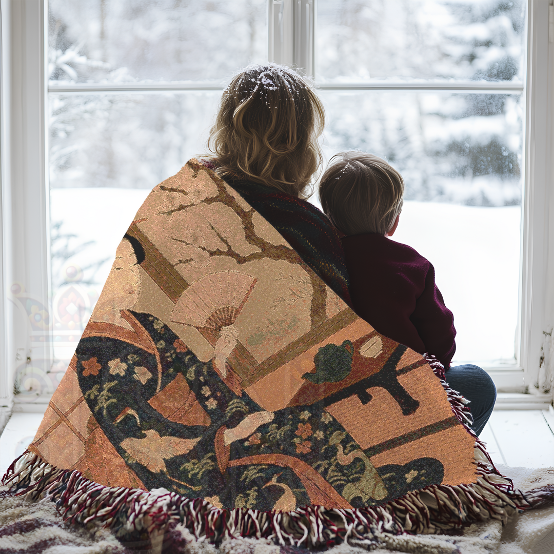 Reading by the Window Blanket – Geisha in Spring Woven Blanket – Japanese-Inspired Tapestry Throw with Cherry Blossoms