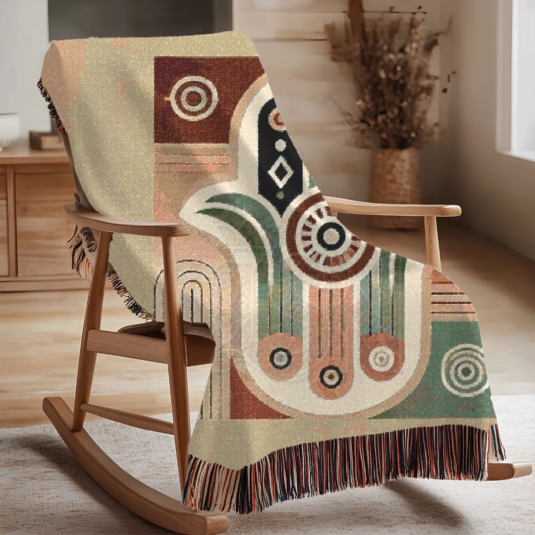 Hand Hamsa Folk Art Woven Blanket – Symbolic Hand of Protection & Peace Throw