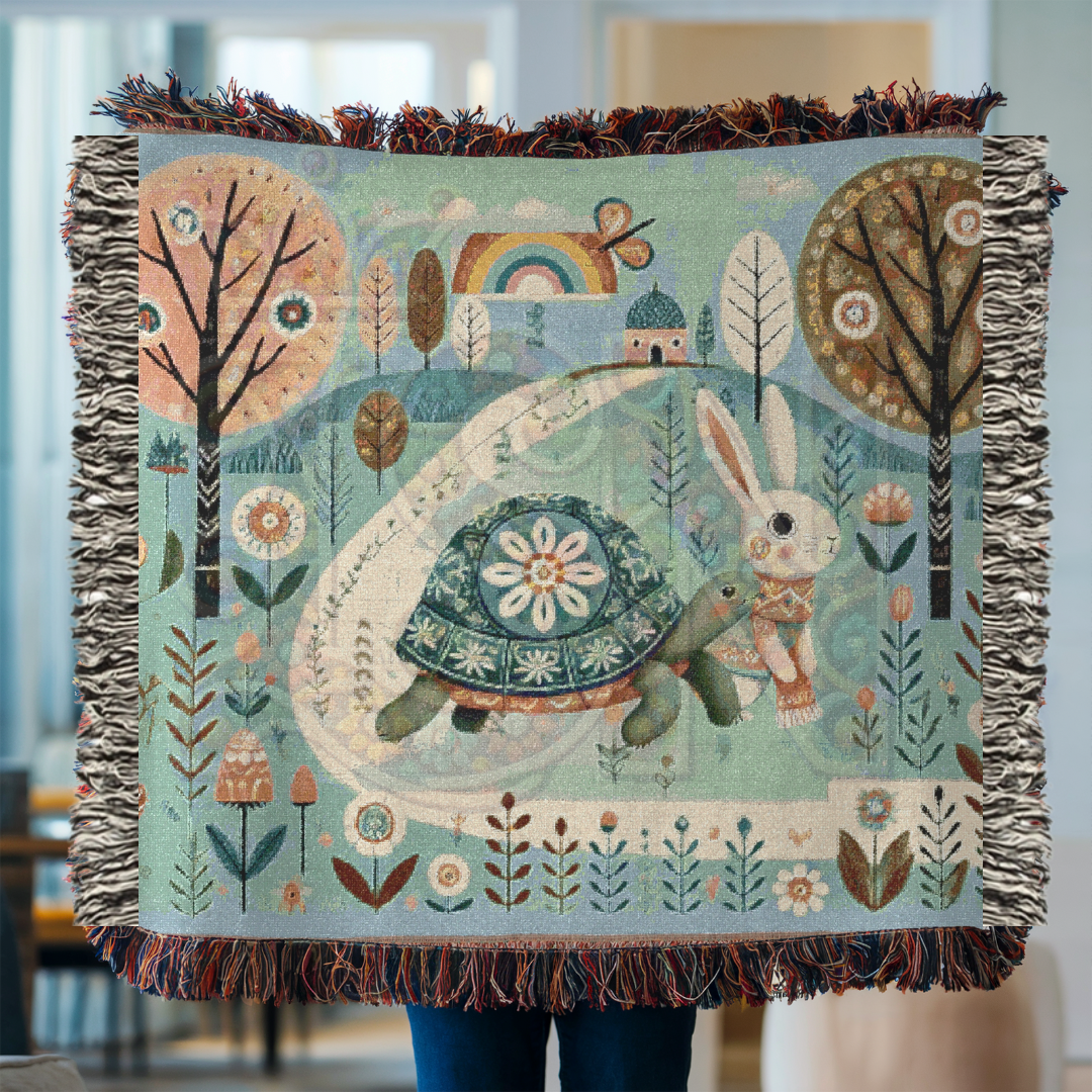 Whimsical Folk Art Woven Blanket – Tortoise & Hare Race | 100% Cotton Cozy Throw | Nursery, Cottagecore & Storybook-Inspired Décor
