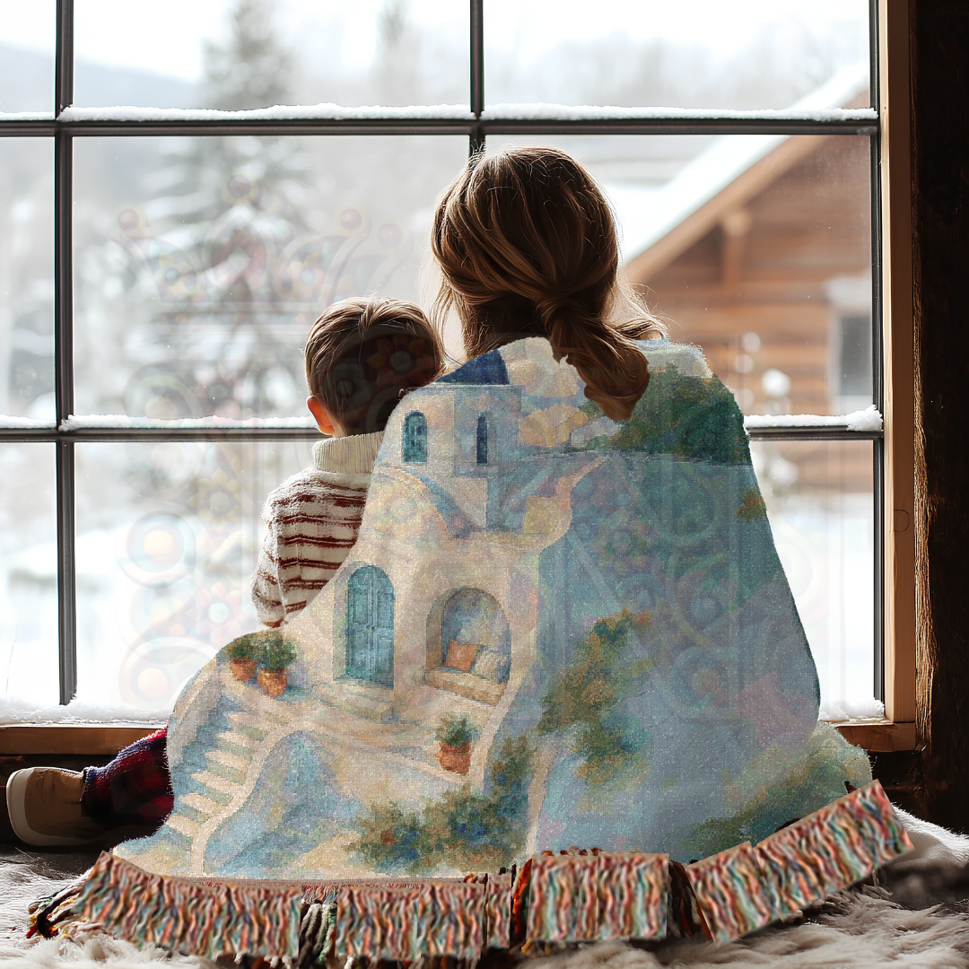 Cliffside Calm – Greek Villa Woven Blanket with Blue Dome & Coastal Landscape