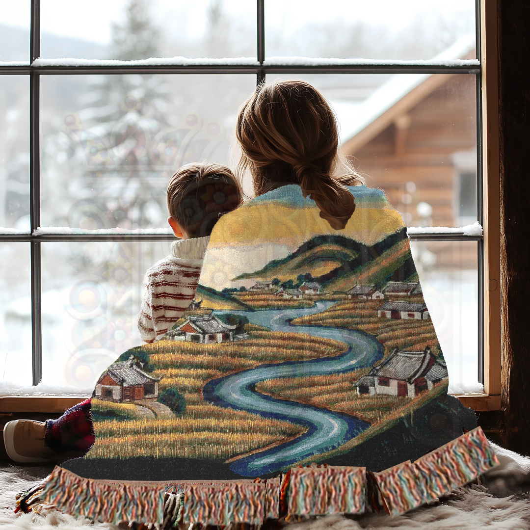 River of Rice – Asian Korean Folk Art Woven Throw Blanket with Countryside Village Scene