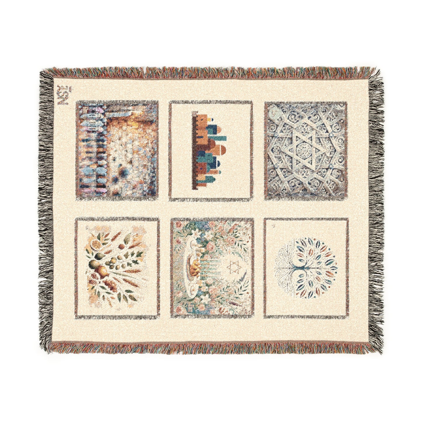 Heritage Mosaic Judaica Woven Tapestry Blanket – Six-Panel Jerusalem, Tree of Life, Pomegranates & Star Motif – 100% Cotton Story Throw