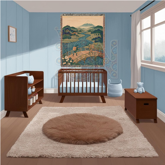 Bridge to the Mountain – Japanese Ukiyo-e Style Woven Blanket with River and Travelers