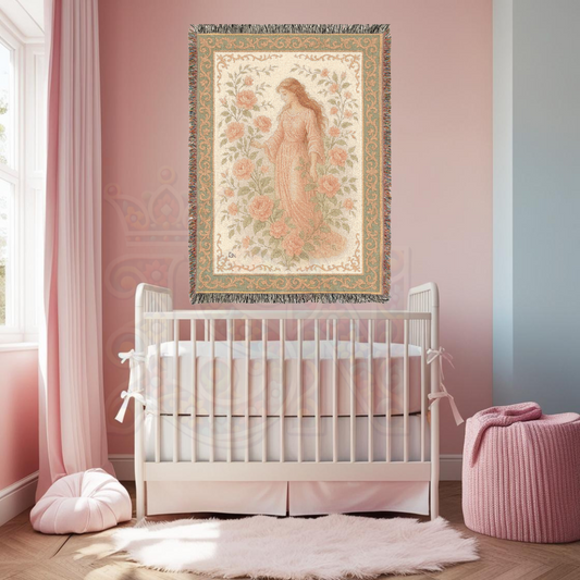 Fairy Maiden in Roses Pastel Fairycore Woven Blanket – Floral Garden Throw