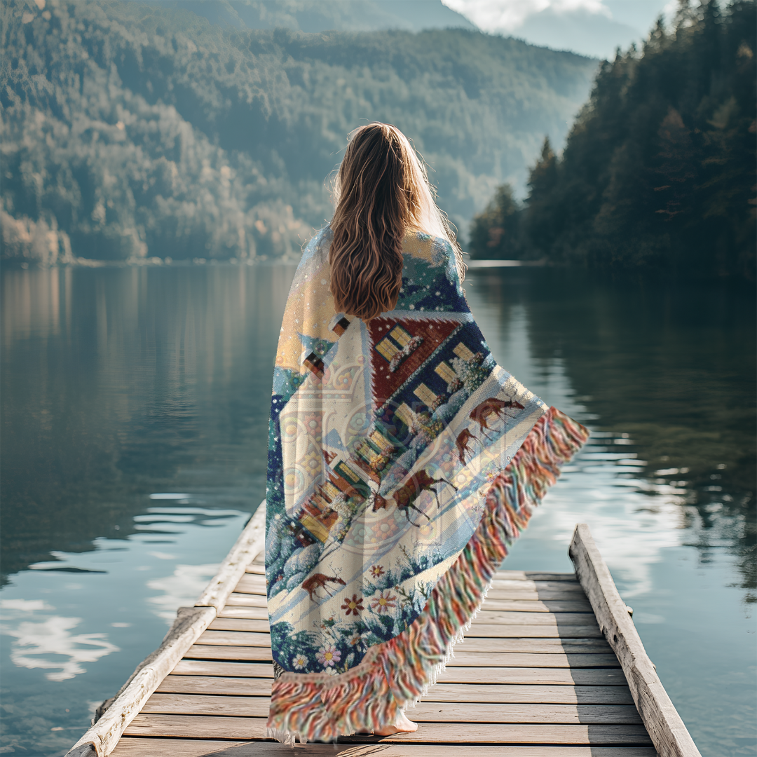 Winter’s Quiet Grace Nordic Folk Art Snowy Cabin Woven Blanket – Cozy 100% Cotton Throw