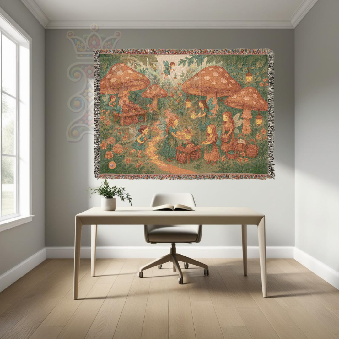 Mushroom Fairy Market Whimsical Fairycore Forest Gathering Woven Blanket – Magical Throw