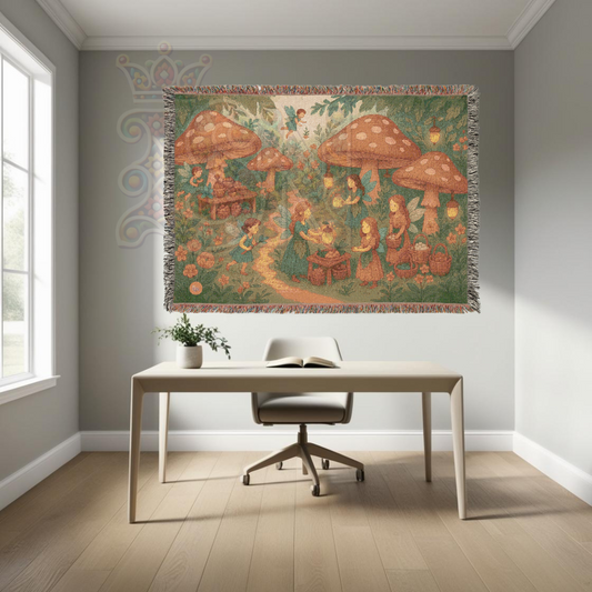 Mushroom Fairy Market Whimsical Fairycore Forest Gathering Woven Blanket – Magical Throw
